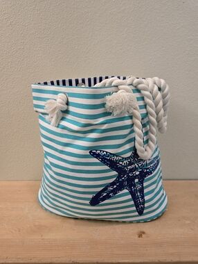 Striped Turquoise & White Nautical Rope Tote with Starfish Beach Starfish Travel